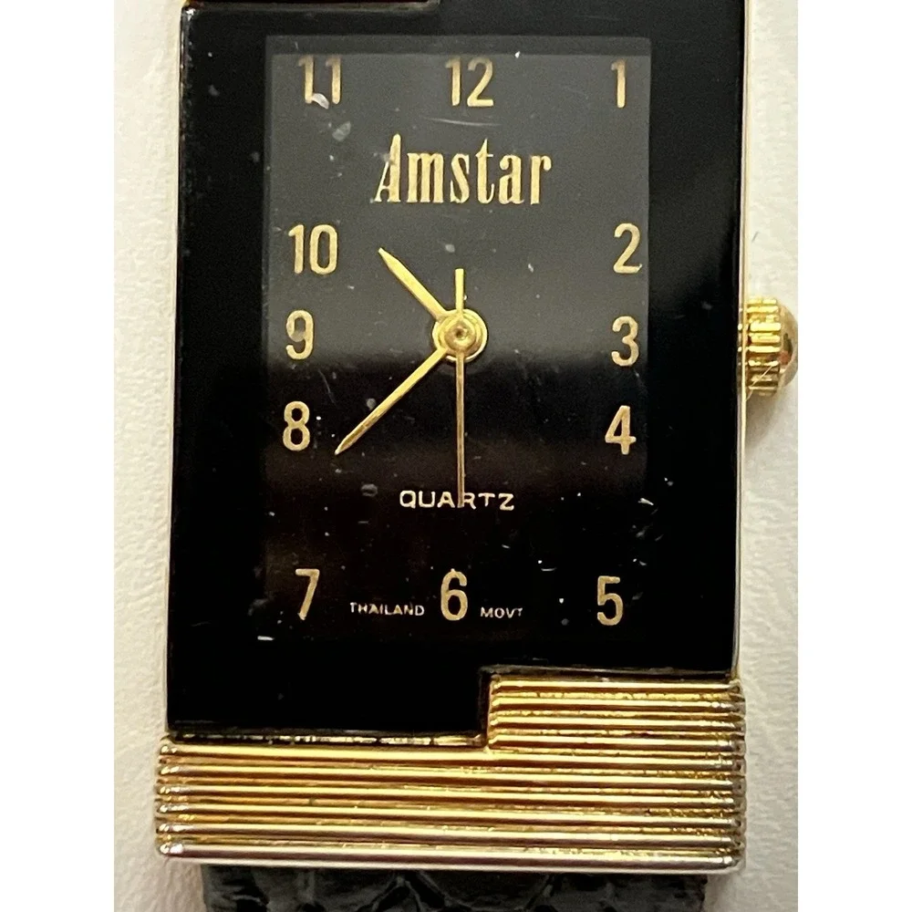 Amstar VTG Gold Tone Watch Face Black Leather Embossed Band Art Deco Retro Works